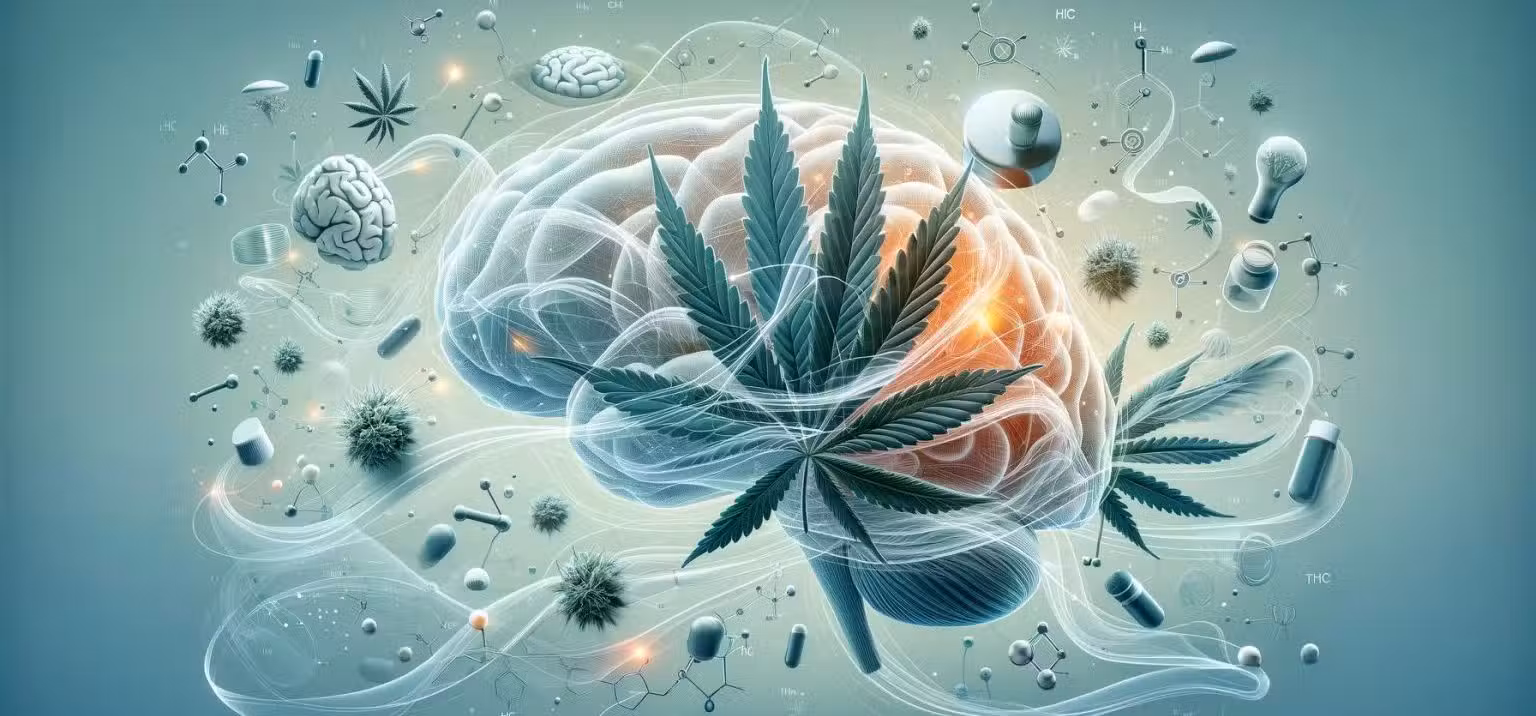 Flor de cannabis en primer plano junto a la estructura molecular del THC