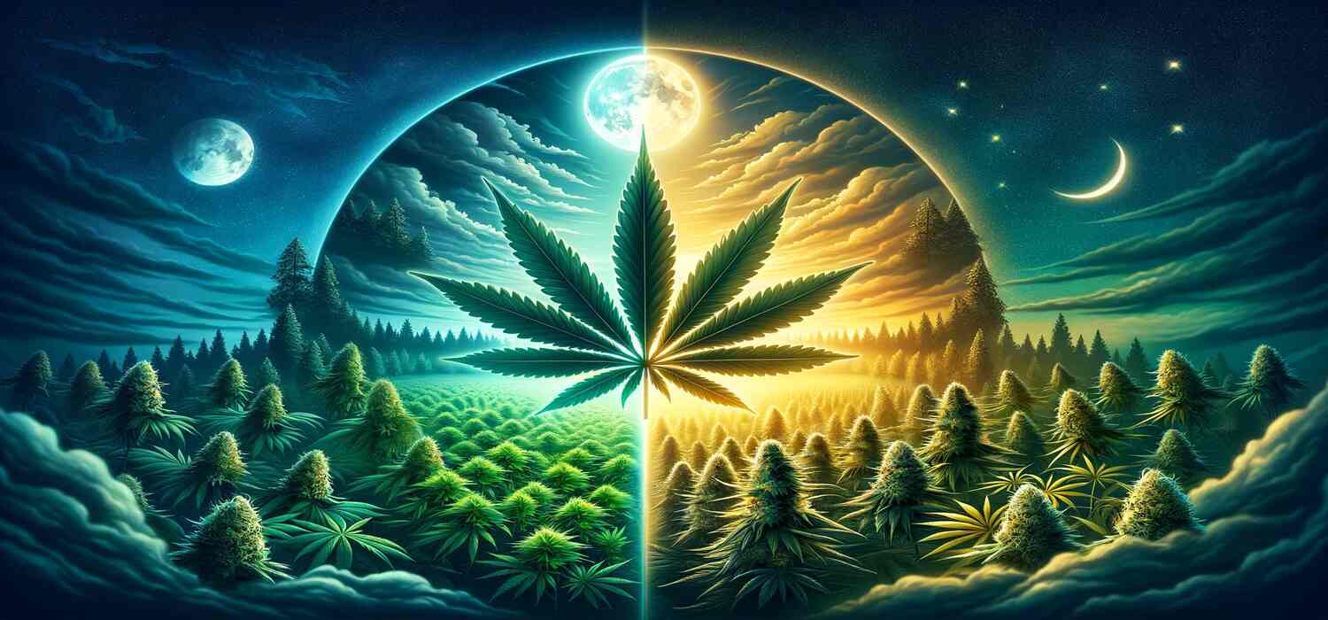 Sativa- ja indica-lajikkeen lehdet vierekkain vertailussa
