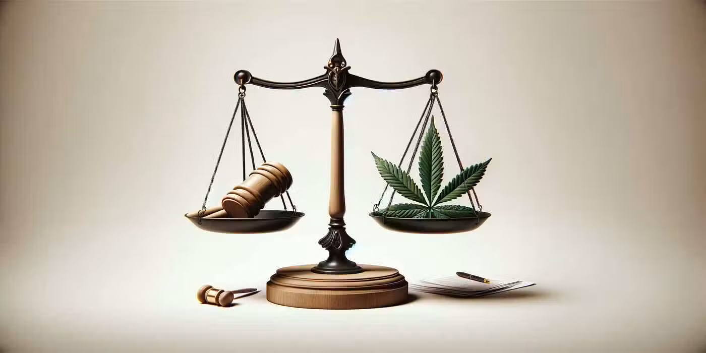Vaakakuppi, jonka toisella puolella lakikirja ja toisella kannabiksen lehti - dekriminalisoinnin ja laillistamisen ero