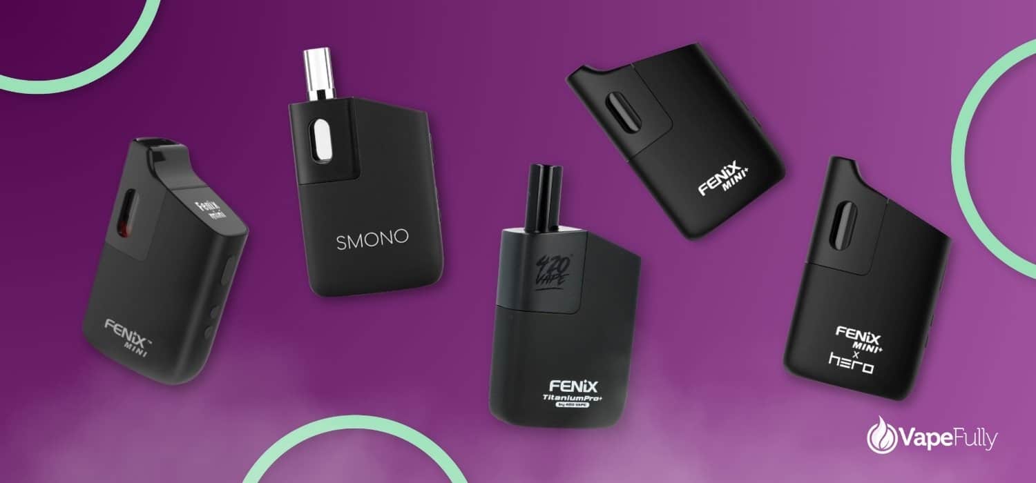Fenix Mini -perheen kannettavat vaporisaattorit rinnakkain: Fenix Mini, Fenix Mini+, Fenix Mini+ X HERO ja Fenix Titanium Pro+