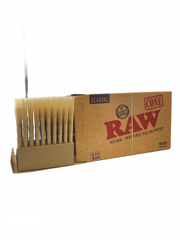 RAW – Gotowe skręcone bibułki + filtry – Pre-Rolled Cone 1 1/4 – BOX 1000 szt.