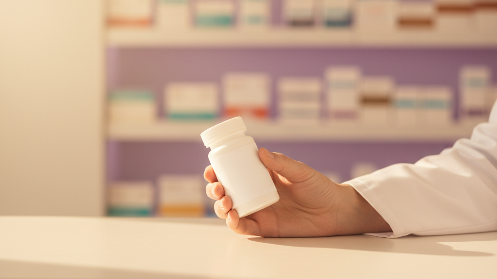 Farmaceuta w aptece wydaje opakowanie z medyczna marihuana na recepte