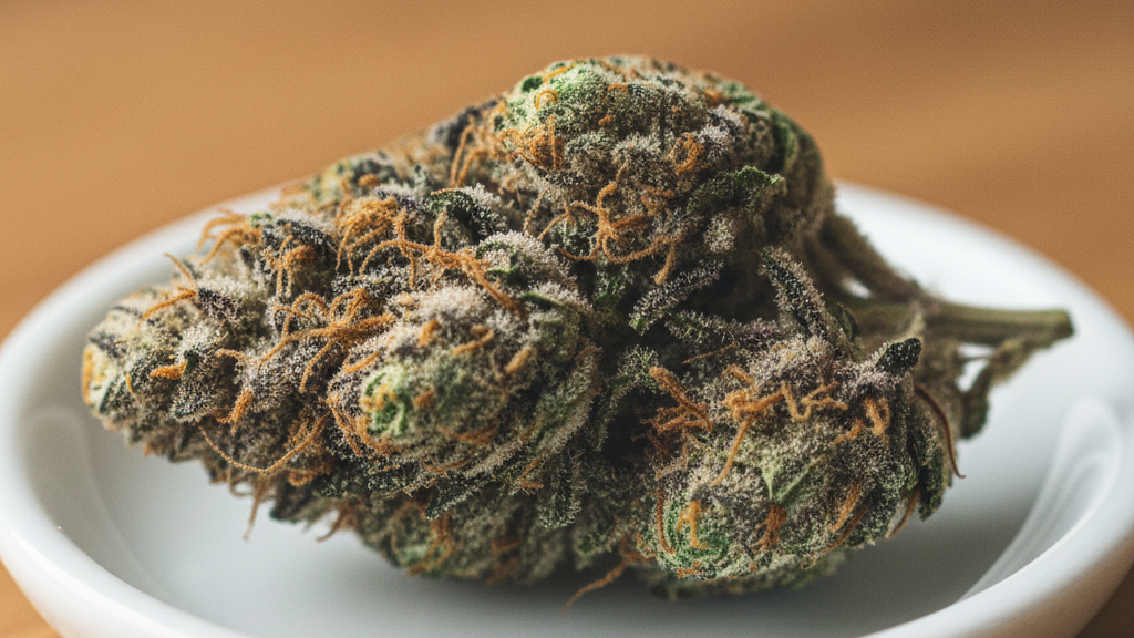 Apteczna etykieta na opakowaniu z medyczna marihuana - zblizenie makro